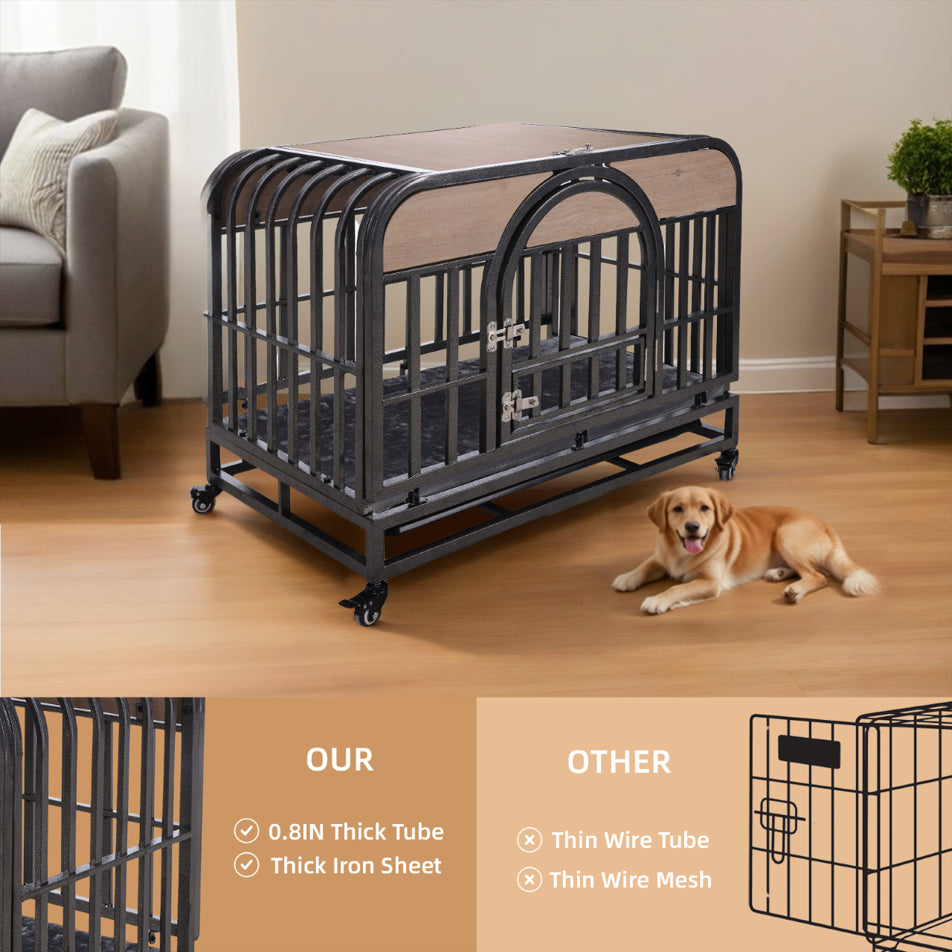46In Heavy Duty Dog Crate, Furniture Style Dog Crate with Removable Trays and Wheels for High Anxiety Dogs