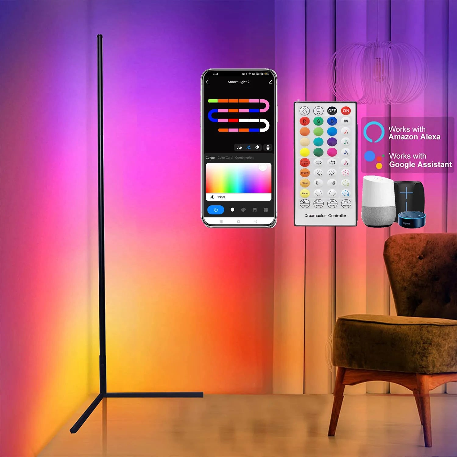 Smart Tuya Corner Floor Lamp 120Cm Modern Stand Bedside Lamp Dimmable RGB LED Mood Lighting for Bedroom Living Room Decoration