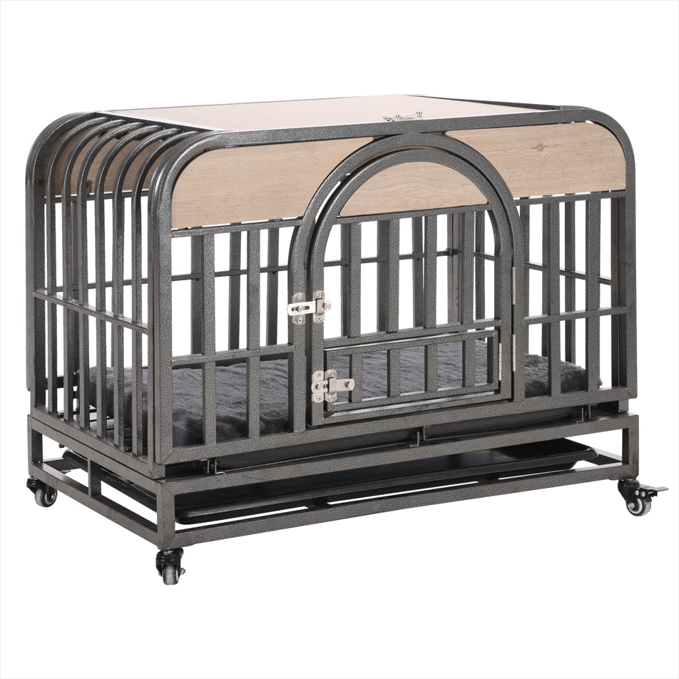 46In Heavy Duty Dog Crate, Furniture Style Dog Crate with Removable Trays and Wheels for High Anxiety Dogs