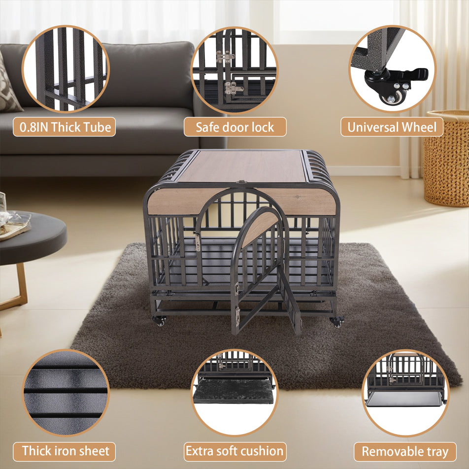 46In Heavy Duty Dog Crate, Furniture Style Dog Crate with Removable Trays and Wheels for High Anxiety Dogs